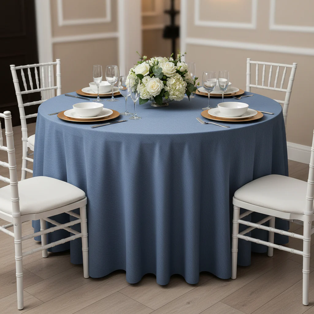 Faux Denim Tablecloth 108" Round - Dark Blue - Image 5
