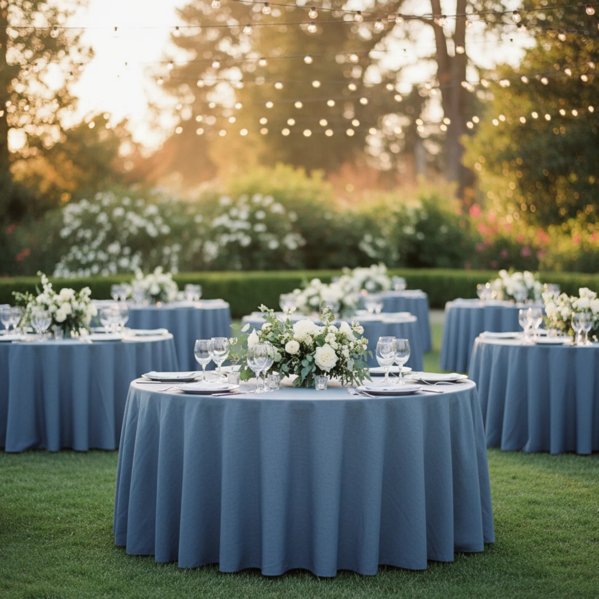 Faux Denim Tablecloth 120" Round - Dark Blue - Image 4