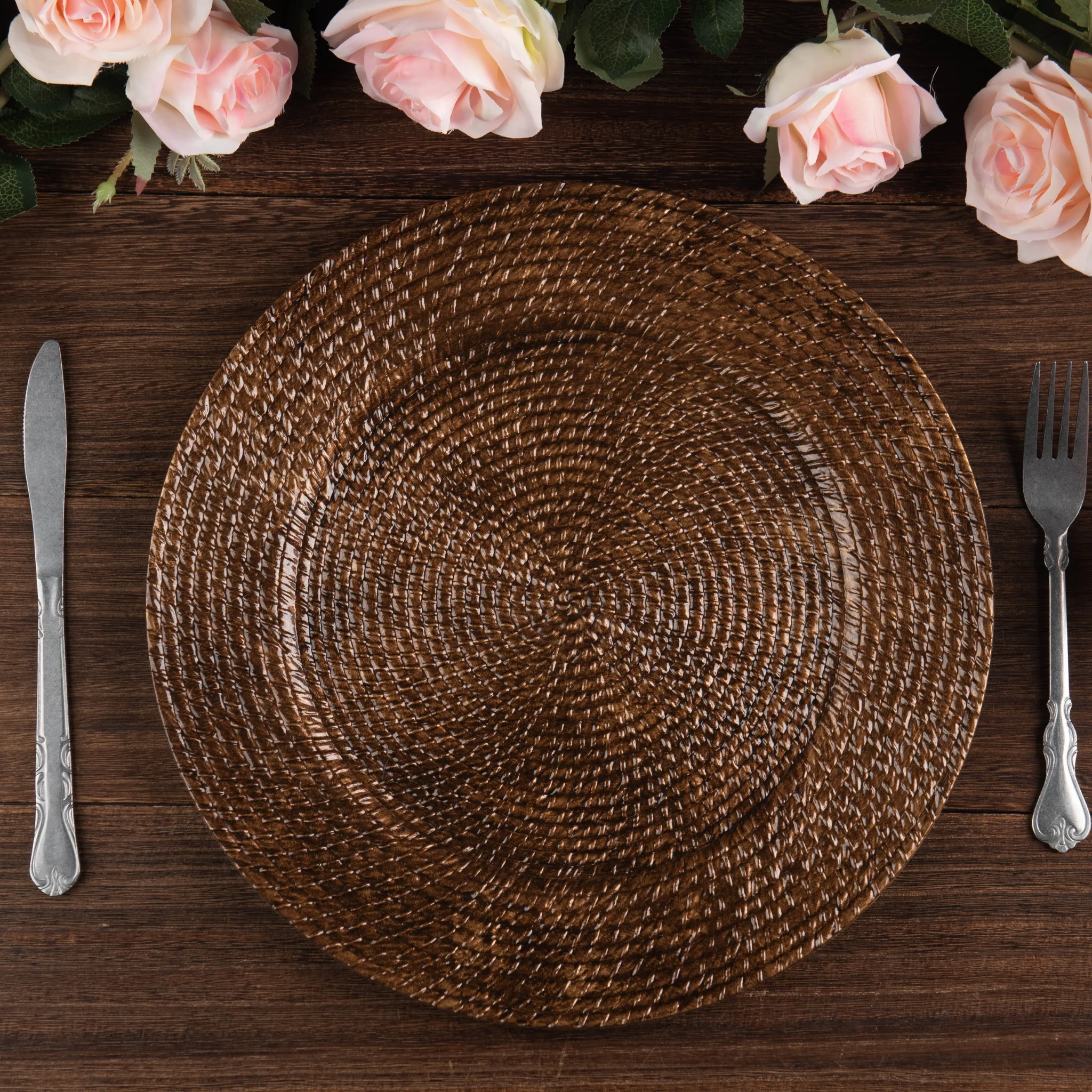 Faux Rattan Braided Acrylic Charger Plate - Brown - Image 3