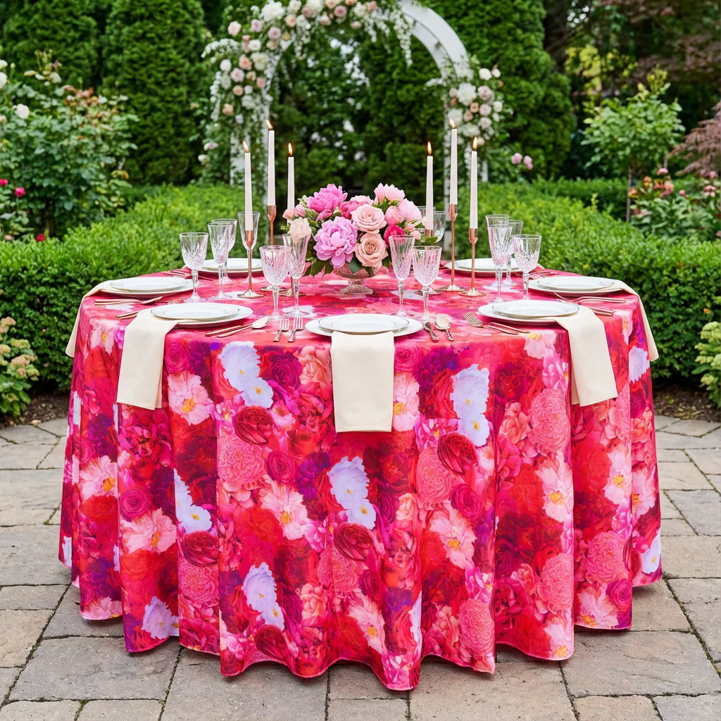 Floral Peony Roses 120" Round Tablecloth - Fuchsia - Image 2
