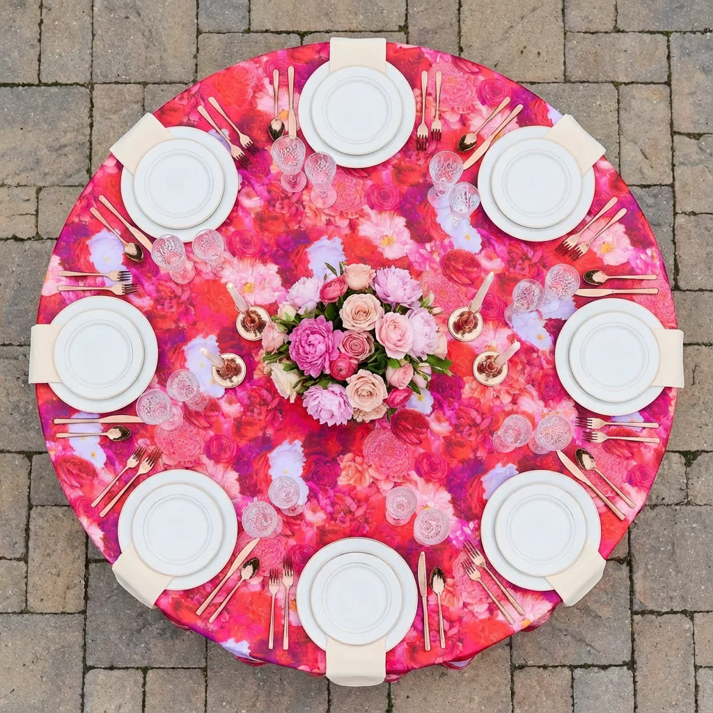 Floral Peony Roses 120" Round Tablecloth - Fuchsia - Image 3