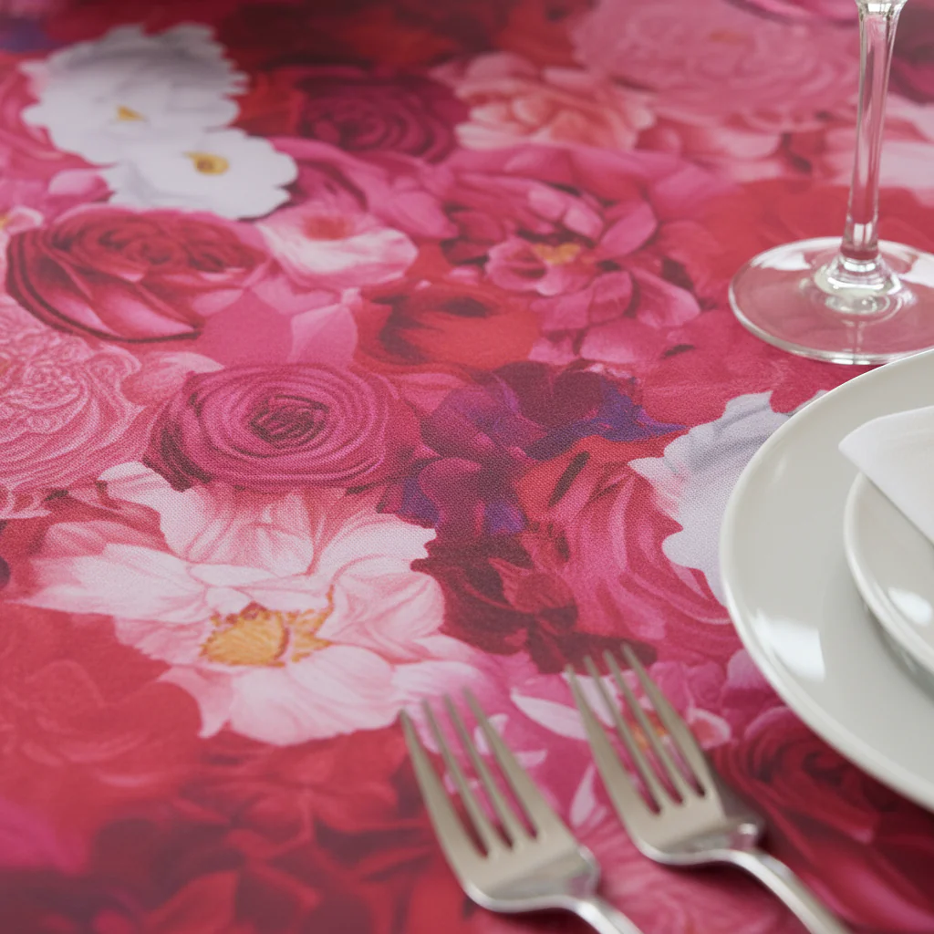 Floral Peony Roses 120" Round Tablecloth - Fuchsia - Image 4