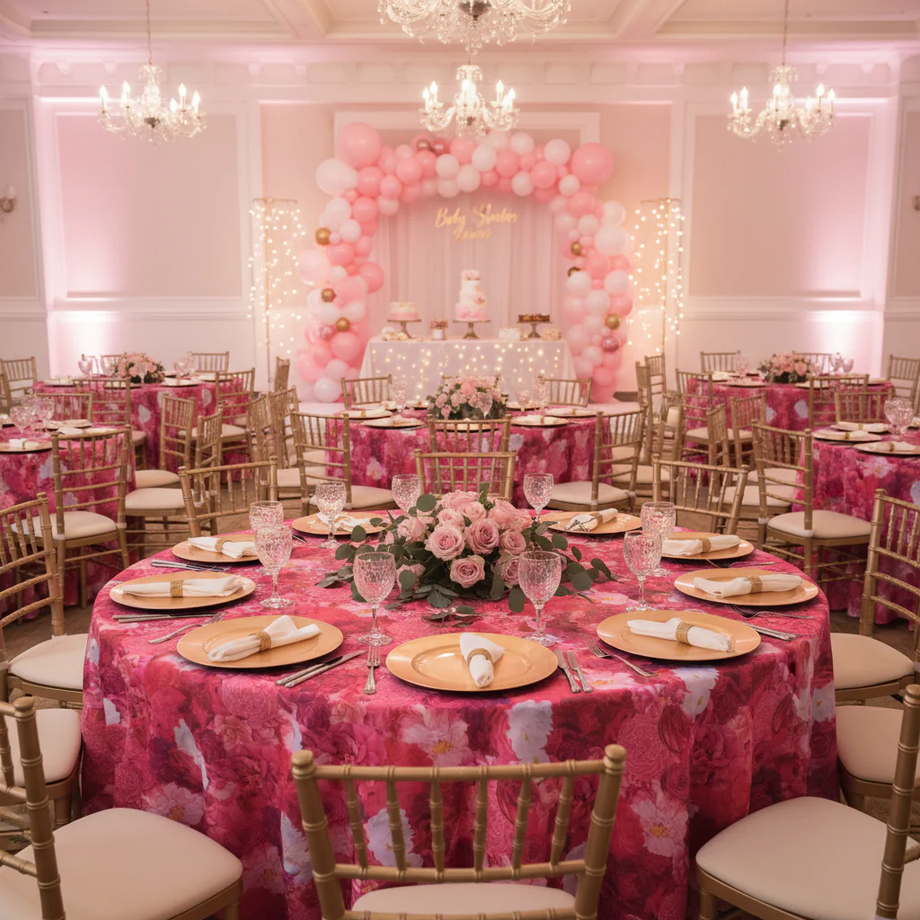 Floral Peony Roses 120" Round Tablecloth - Fuchsia - Image 5