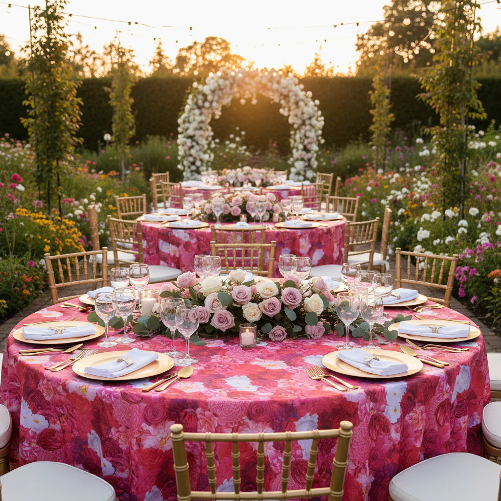 Floral Peony Roses 120" Round Tablecloth - Fuchsia - Image 7