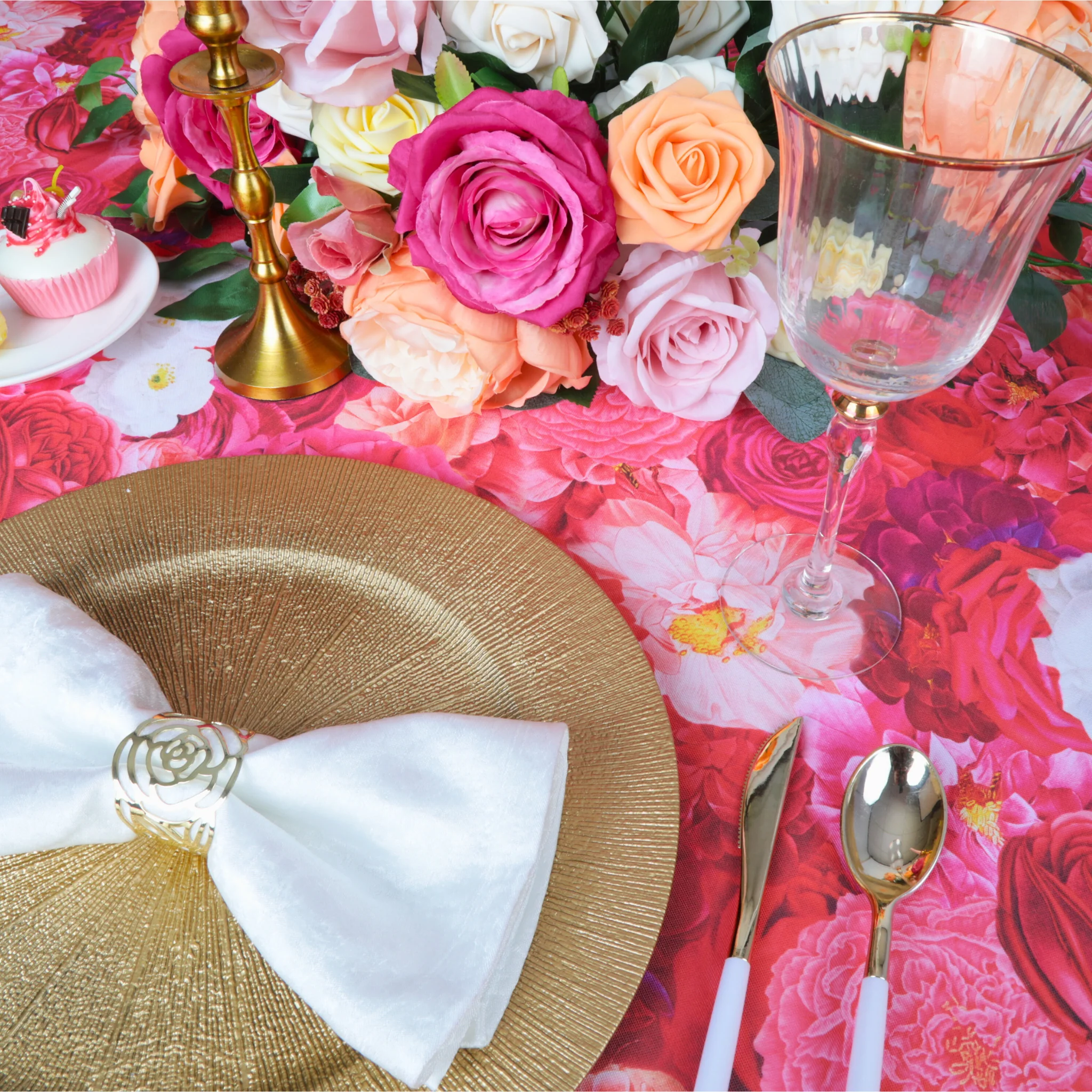 Floral Peony Roses 60"x120" Rectangular Tablecloth - Fuchsia - Image 3