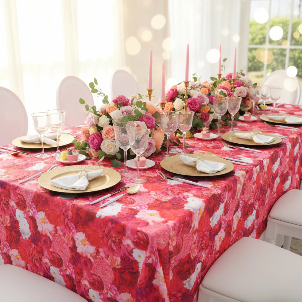Floral Peony Roses 90"x156" Rectangular Tablecloth - Fuchsia
