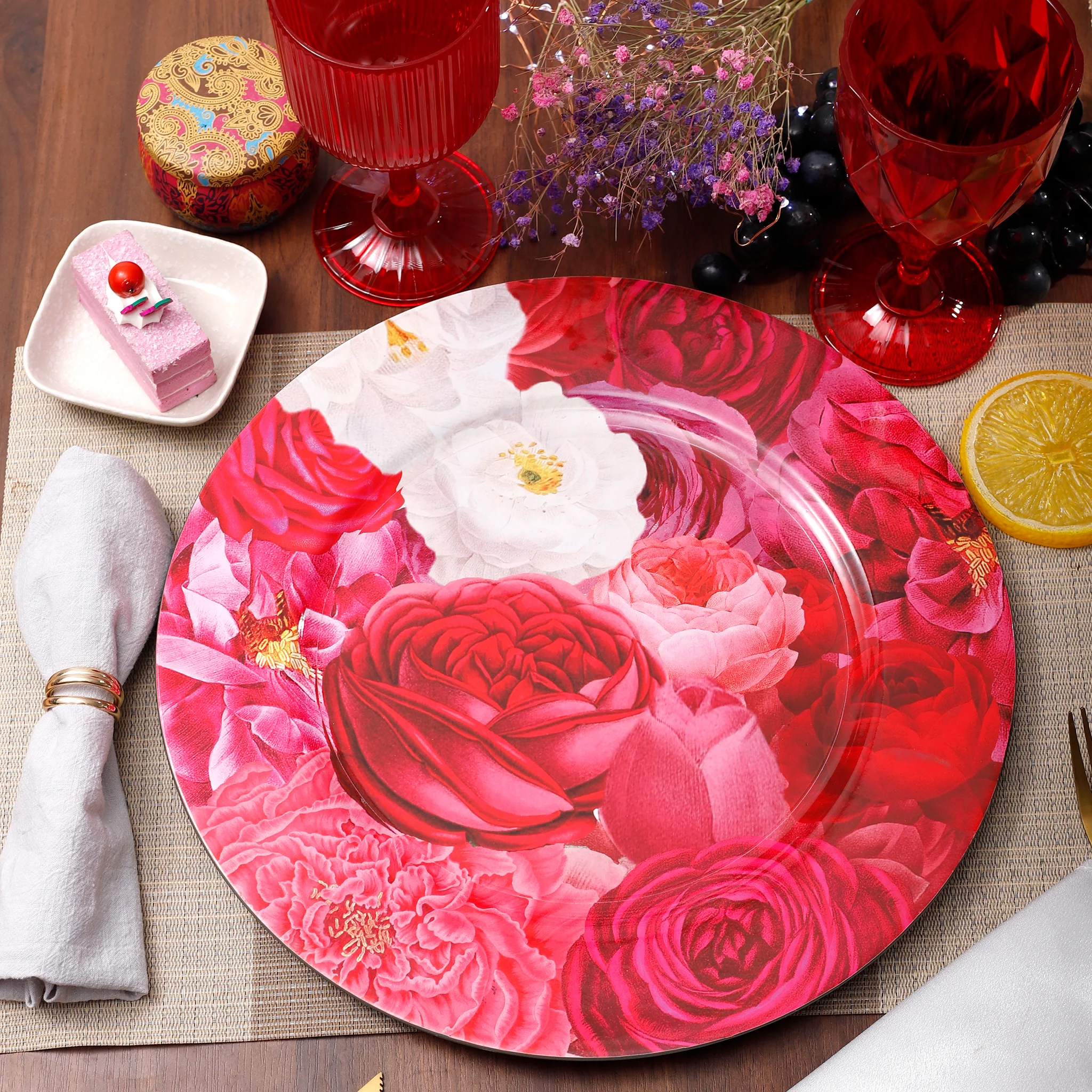 Floral Peony and Roses Acrylic Charger Plate - Fuchsia - Image 2