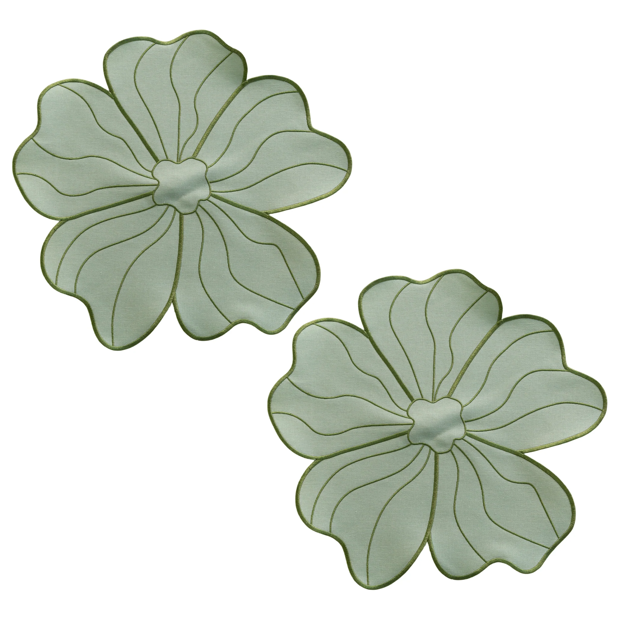 2pc/set Flower Linen Embroidery Placemat - Sage Green/Olive Green Trim - Image 2