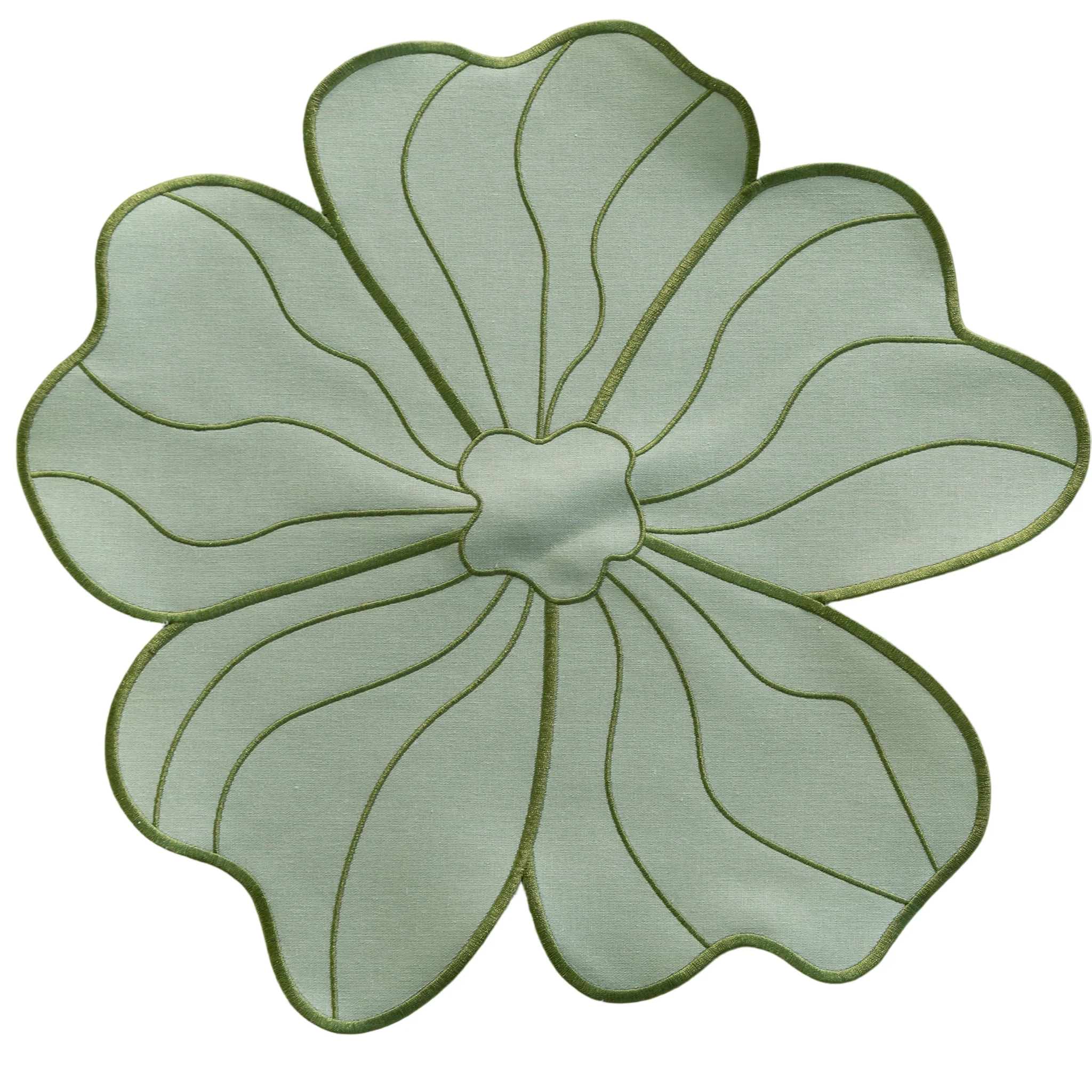 2pc/set Flower Linen Embroidery Placemat - Sage Green/Olive Green Trim - Image 3