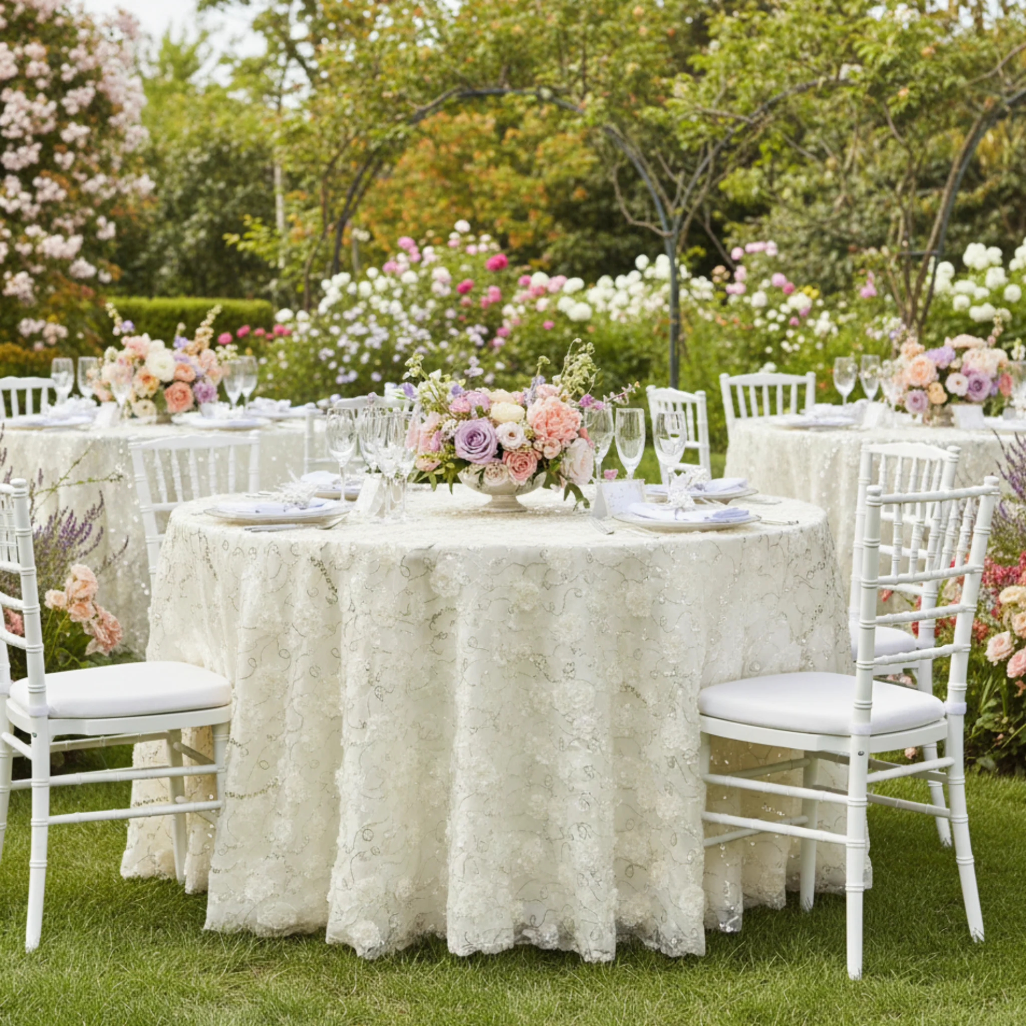 Flower on Sequin Taffeta Tablecloth 120" Round - Ivory - Image 3