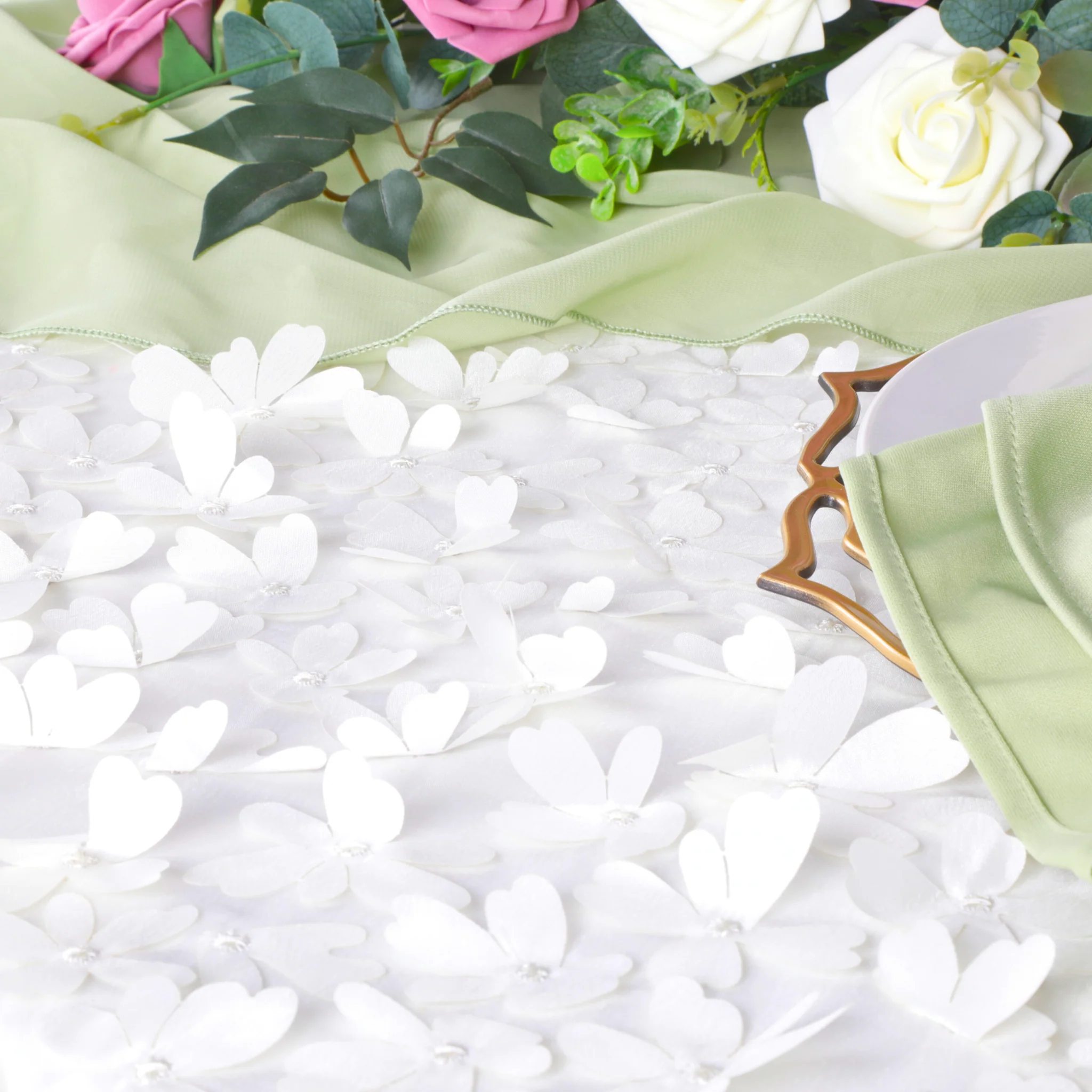 Flower Petal Taffeta Round 120" Tablecloth - White - Image 3