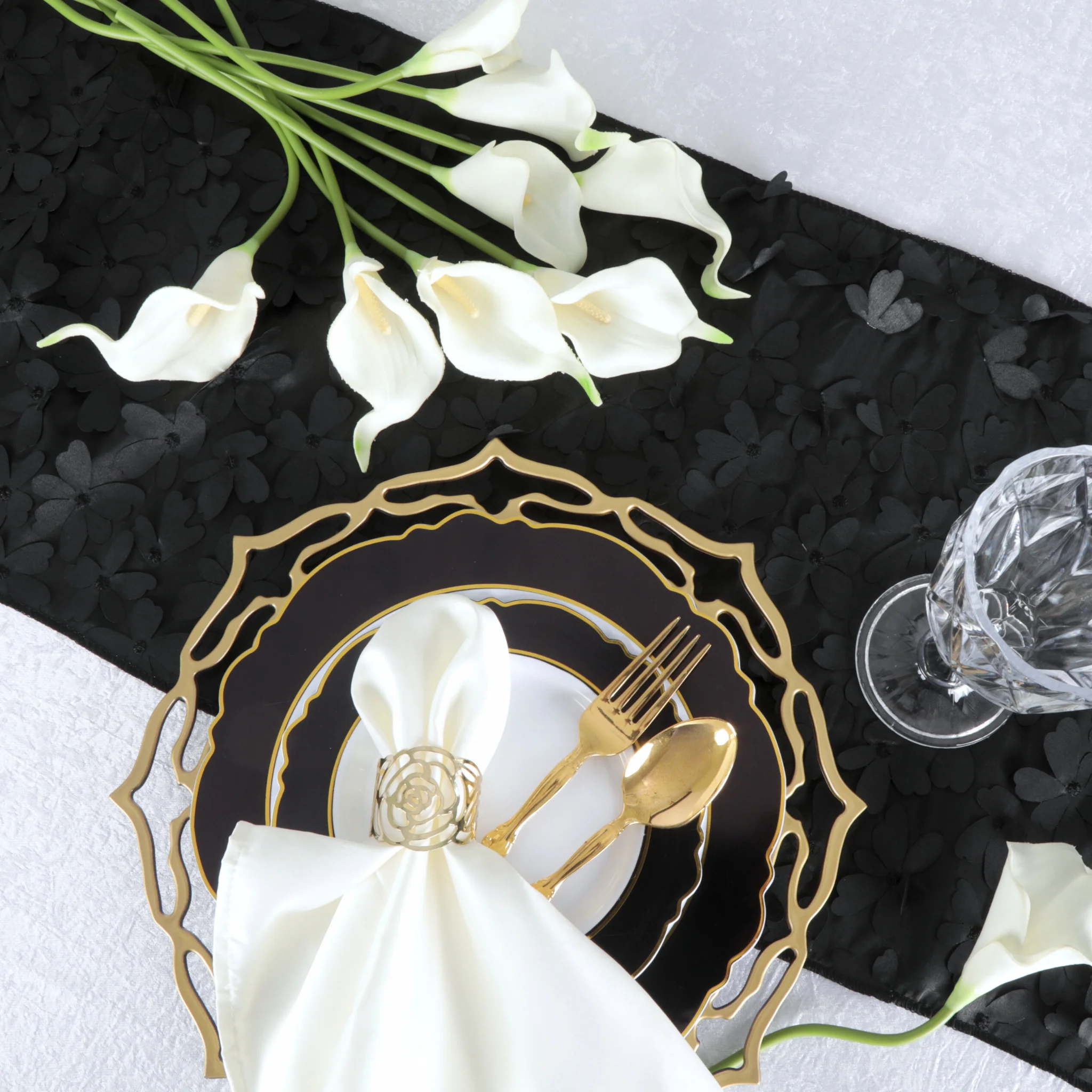 Flower Petal Taffeta Table Runner - Black - Image 2