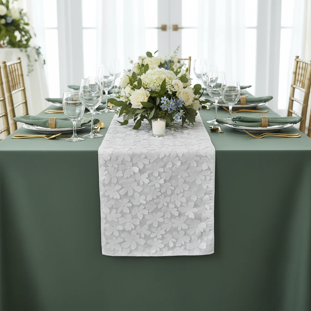 Flower Petal Taffeta Table Runner - White