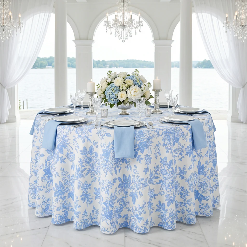French Toile 108" Round Tablecloth - Baby Blue - Image 2