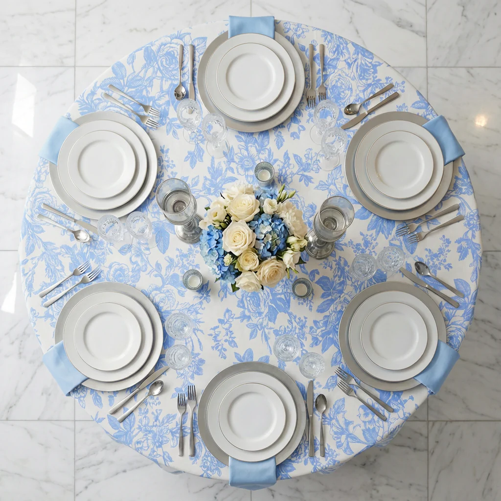 French Toile 108" Round Tablecloth - Baby Blue - Image 3