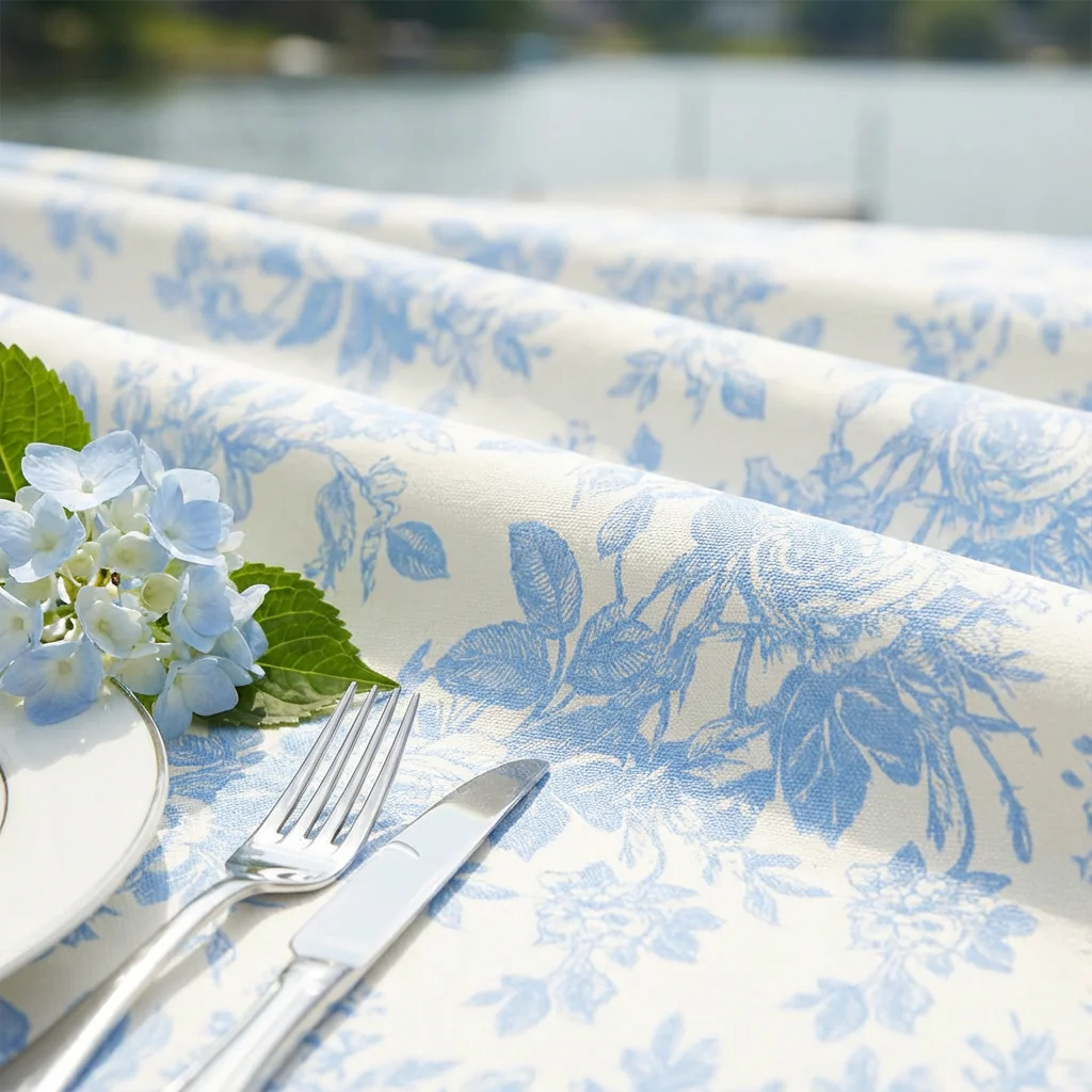 French Toile 108" Round Tablecloth - Baby Blue - Image 5