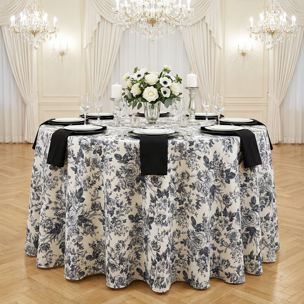 French Toile 108" Round Tablecloth - Black - Image 2