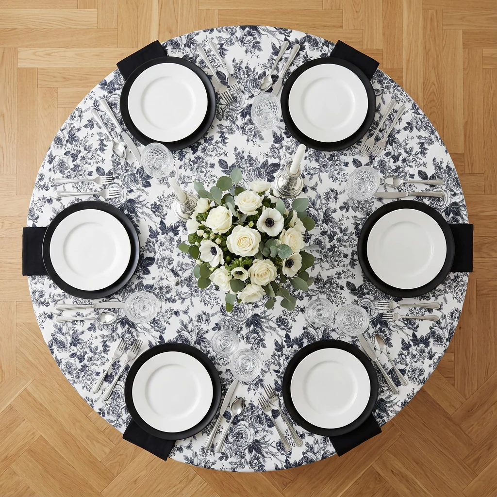 French Toile 108" Round Tablecloth - Black - Image 3