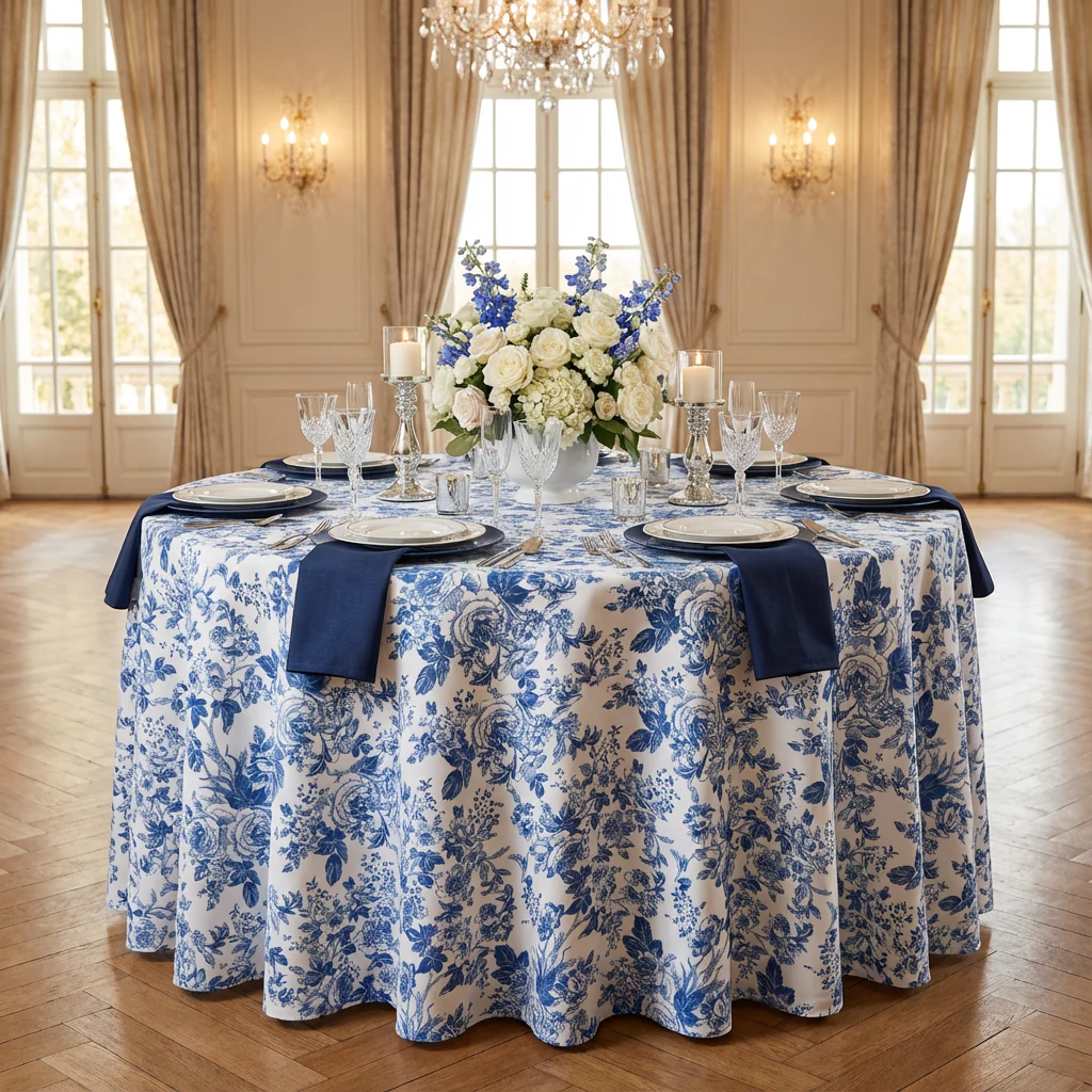 French Toile 108" Round Tablecloth - Blue - Image 2