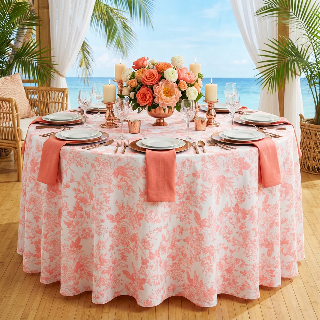 French Toile 108" Round Tablecloth - Coral - Image 2