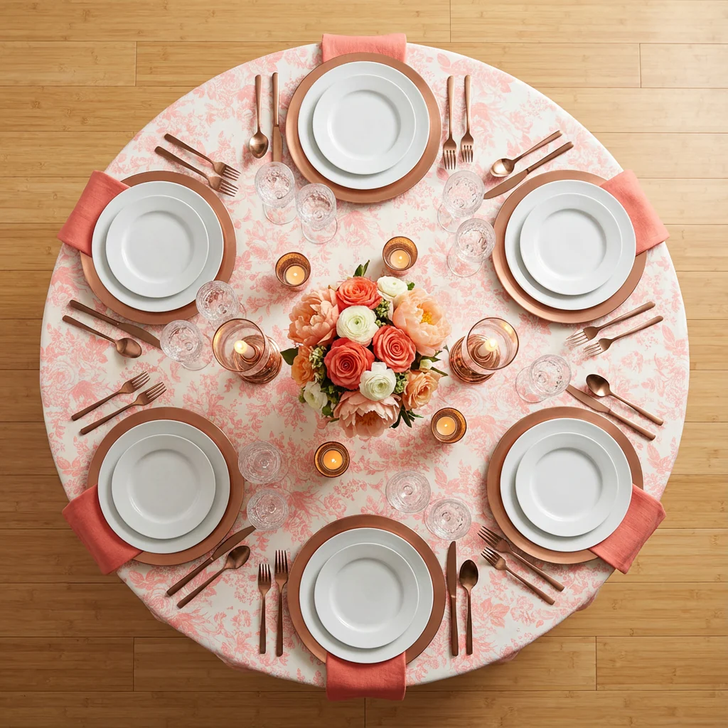 French Toile 108" Round Tablecloth - Coral - Image 3