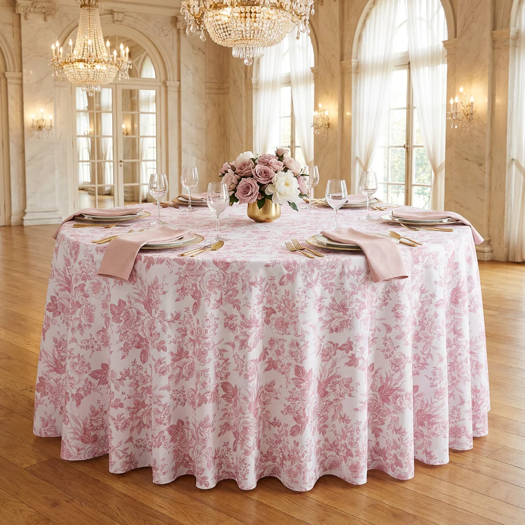 French Toile 108" Round Tablecloth - Dusty Rose/Mauve - Image 2