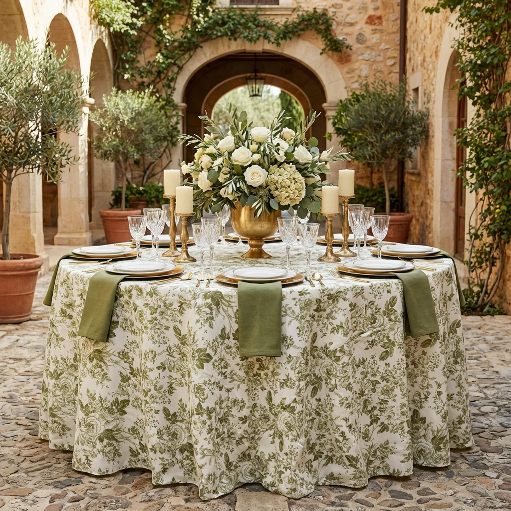 French Toile 108" Round Tablecloth - Olive Green - Image 2