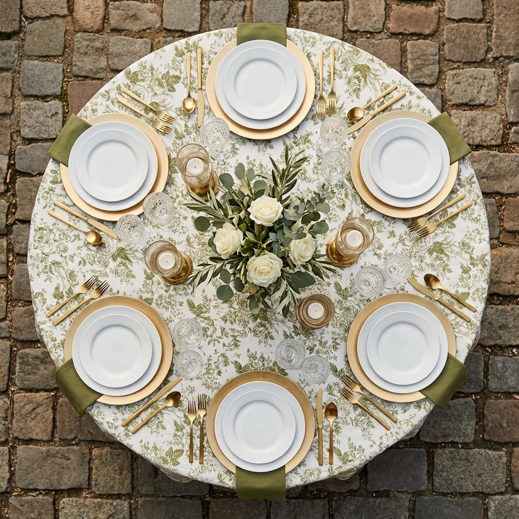 French Toile 108" Round Tablecloth - Olive Green - Image 3
