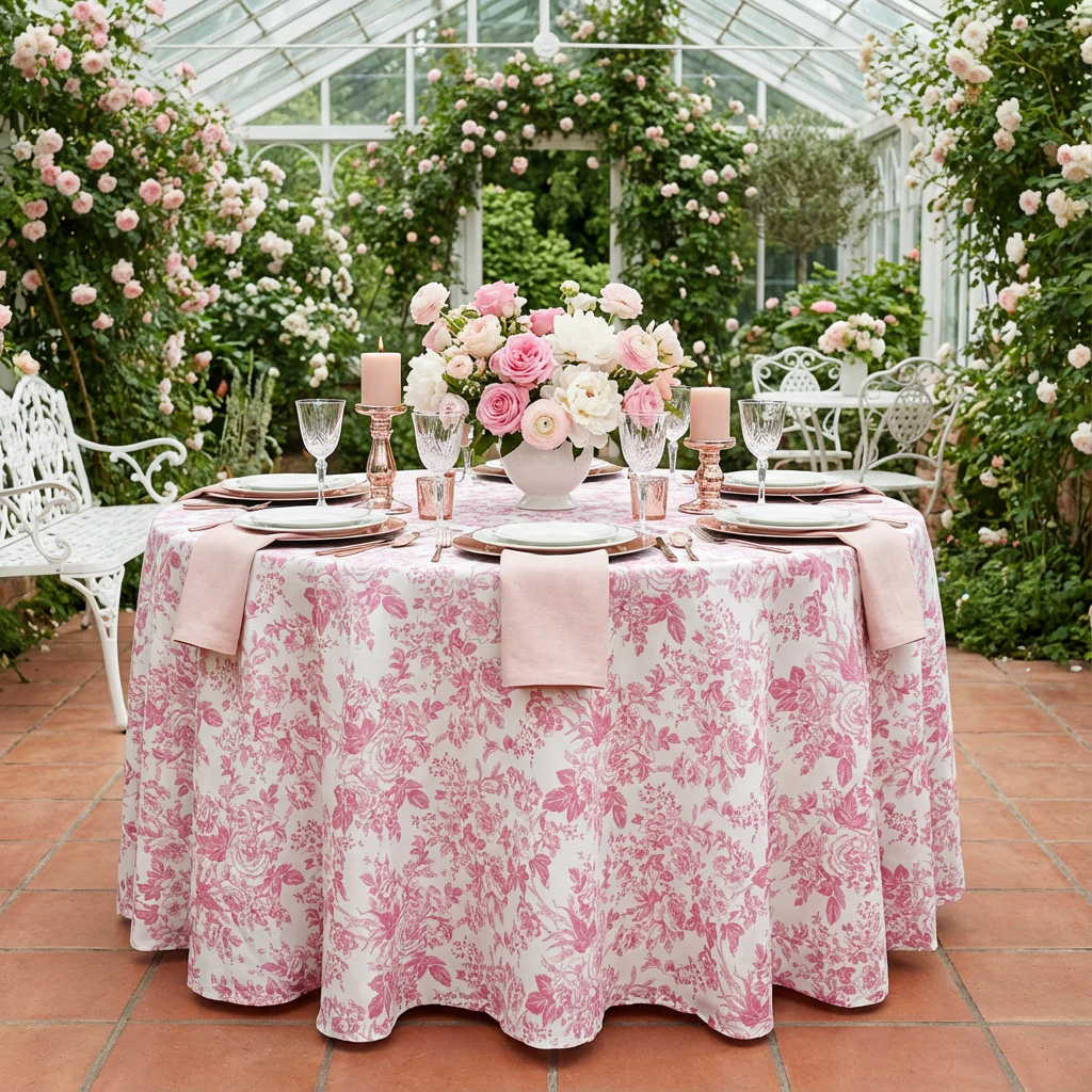 French Toile 108" Round Tablecloth - Pink - Image 2