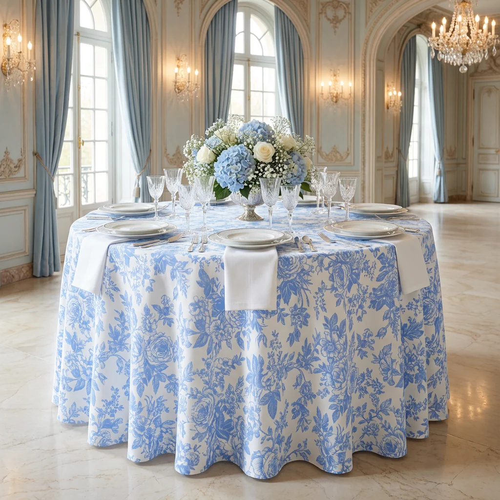 French Toile 120" Round Tablecloth - Baby Blue - Image 2