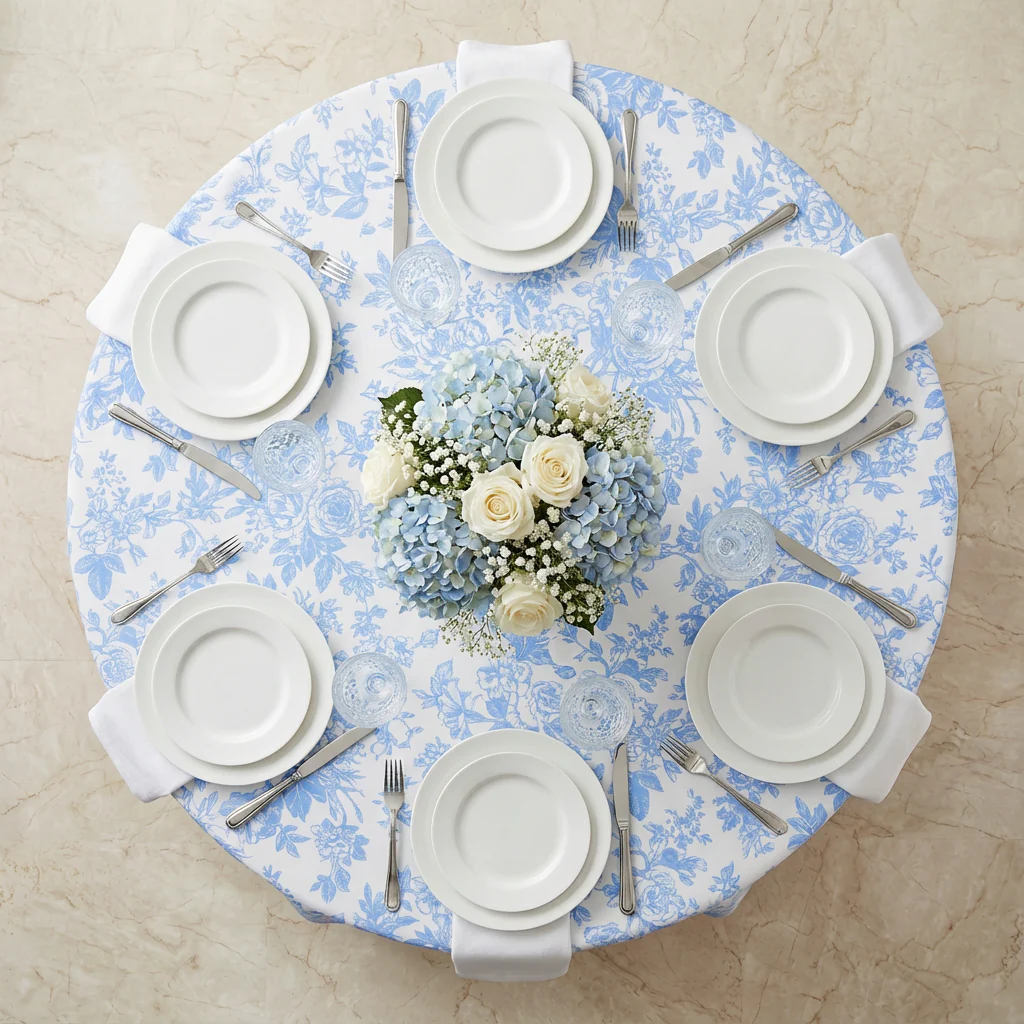 French Toile 120" Round Tablecloth - Baby Blue - Image 3