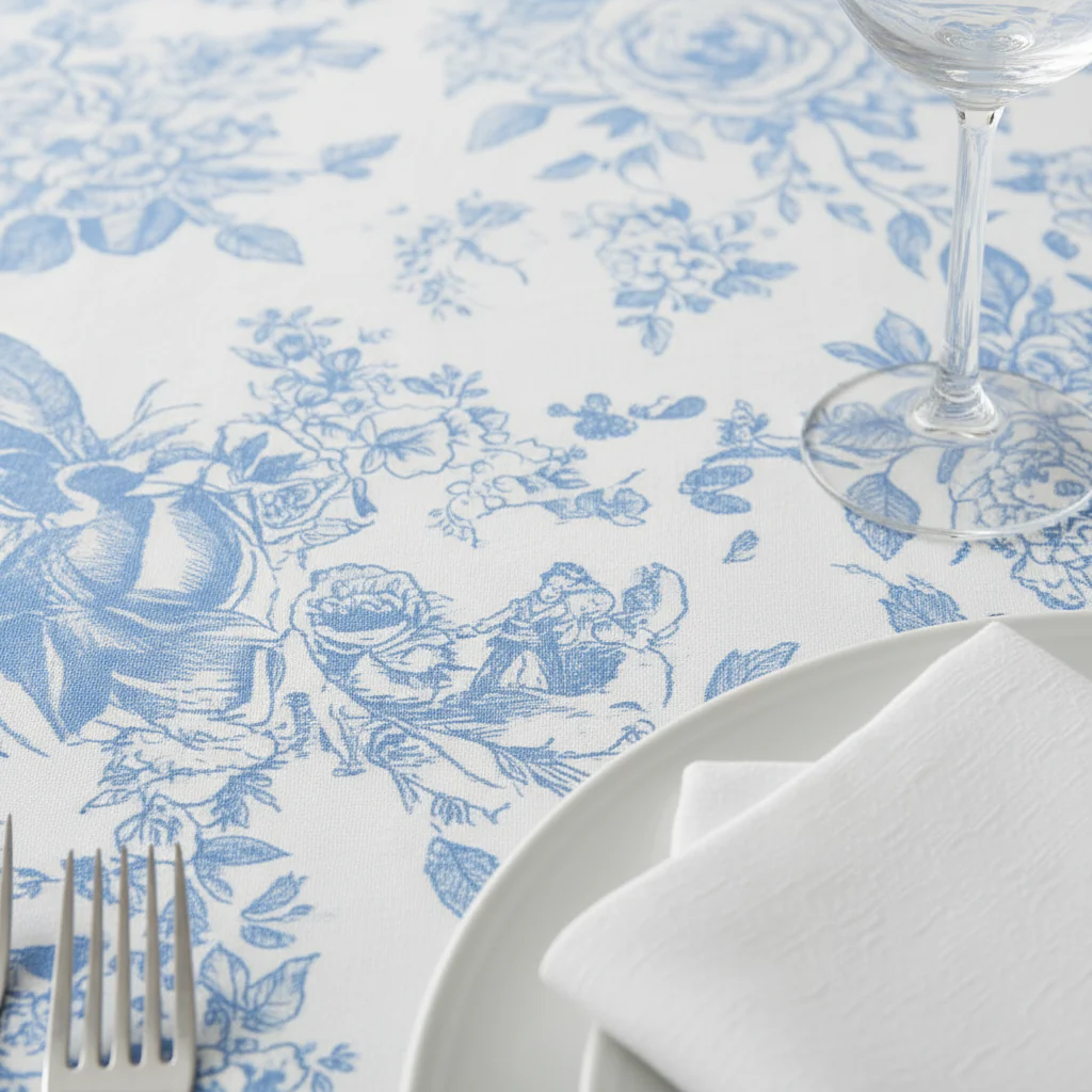 French Toile 120" Round Tablecloth - Baby Blue - Image 4