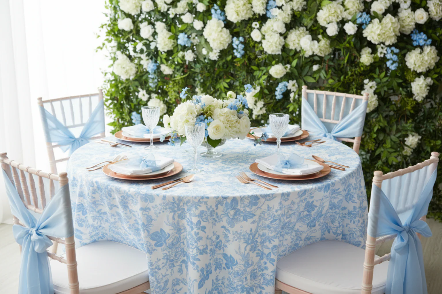 French Toile 120" Round Tablecloth - Baby Blue - Image 5