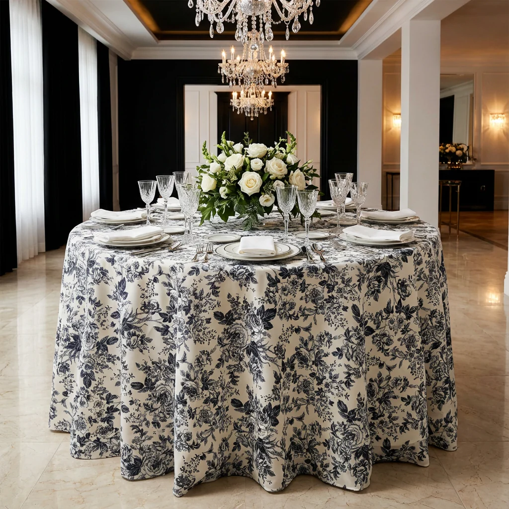 French Toile 120" Round Tablecloth - Black - Image 2