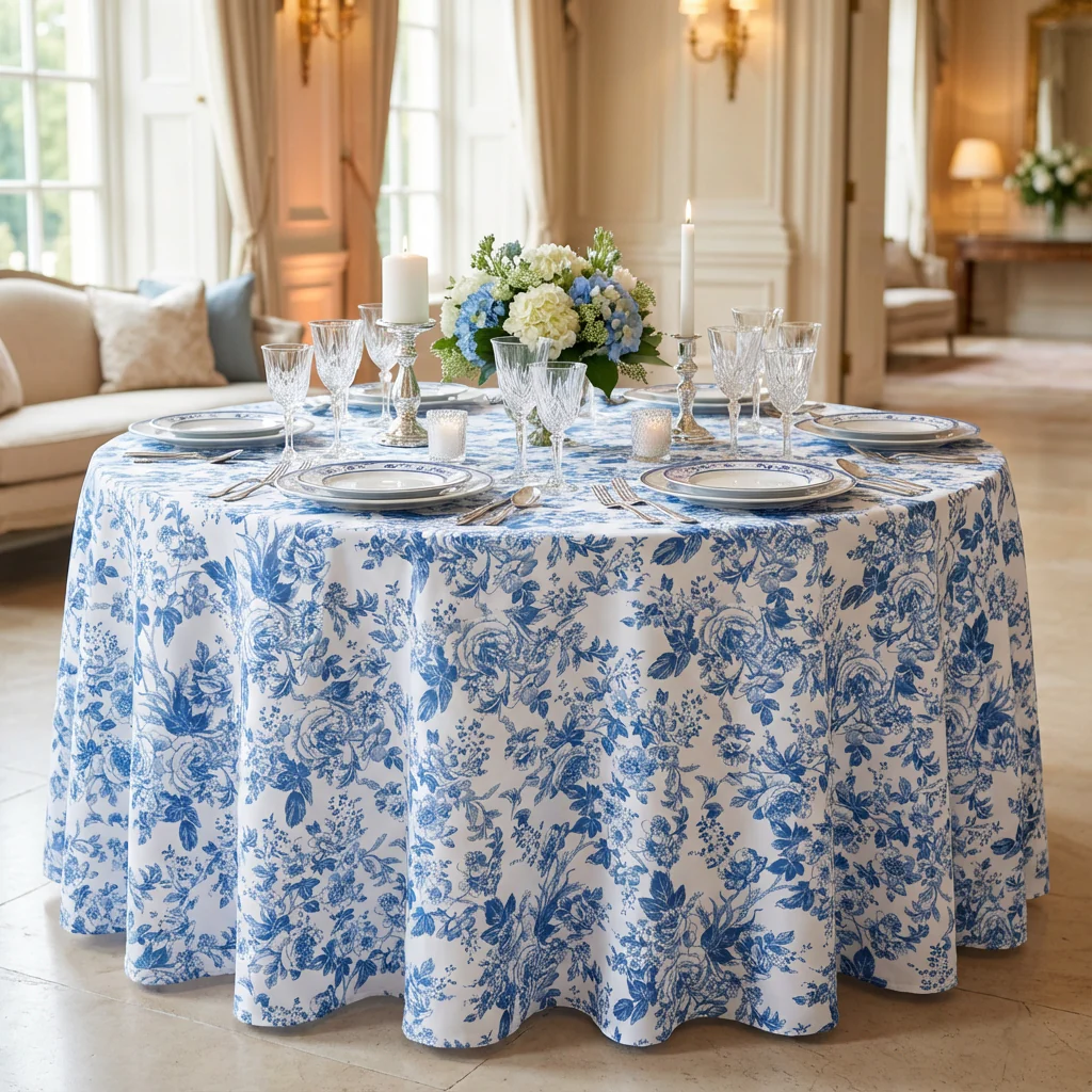 French Toile 120" Round Tablecloth - Blue - Image 2