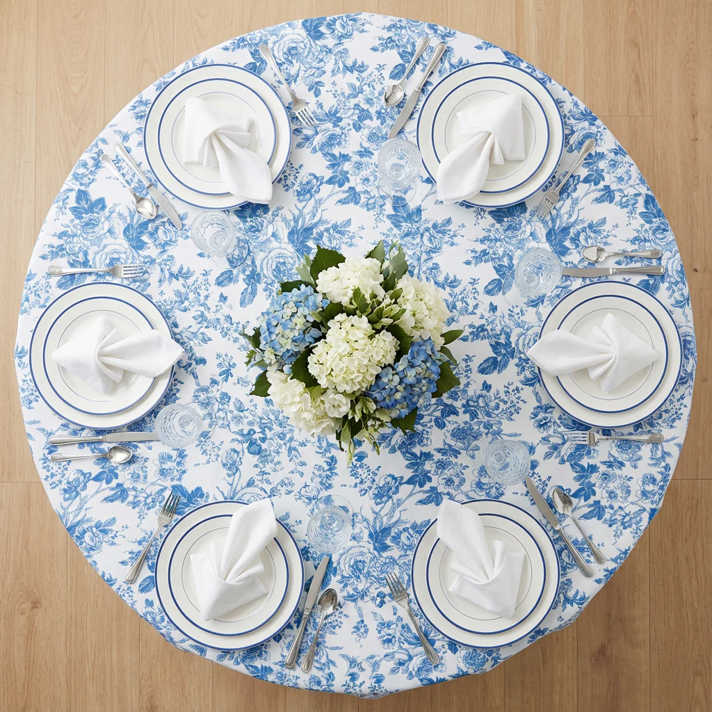 French Toile 120" Round Tablecloth - Blue - Image 3