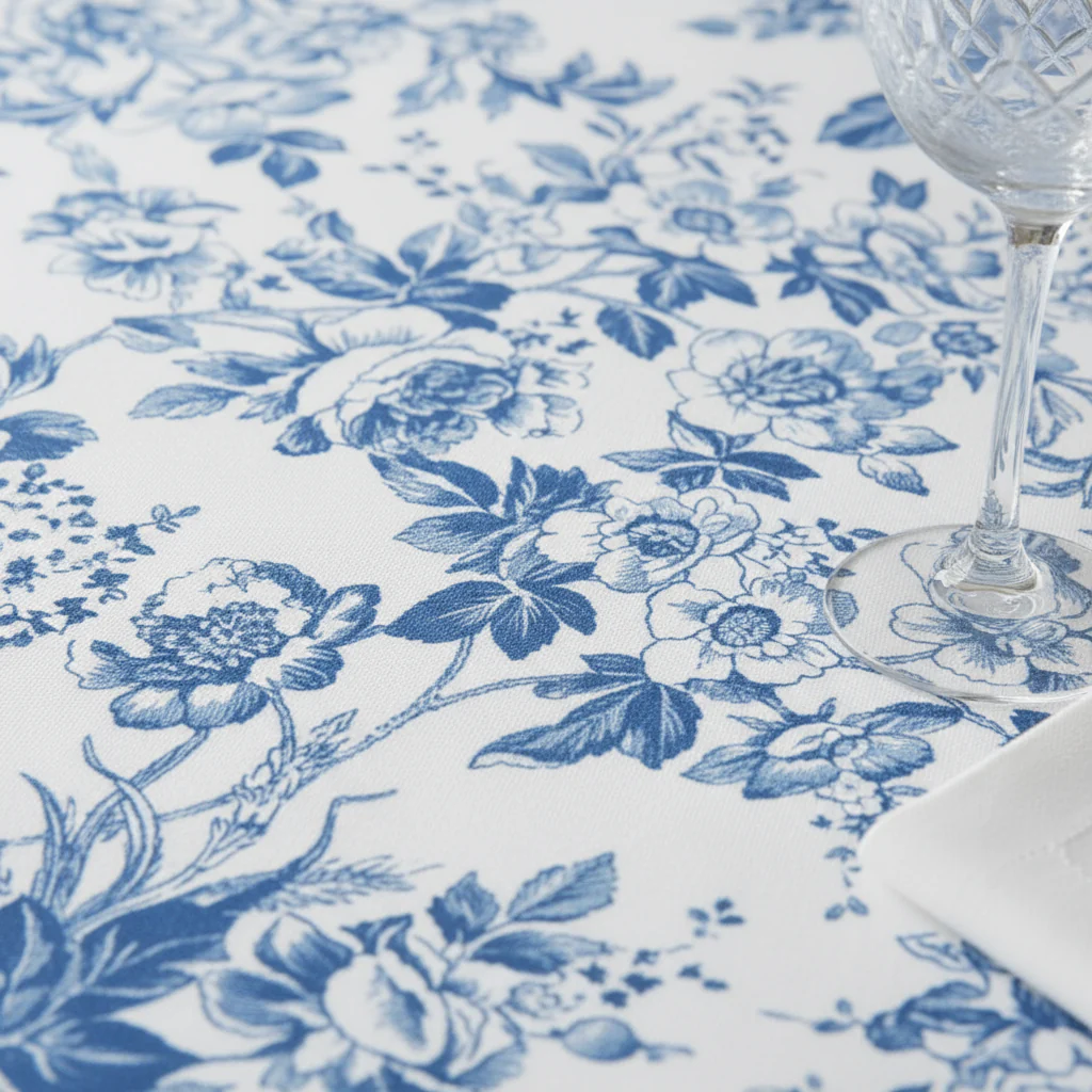 French Toile 120" Round Tablecloth - Blue - Image 4