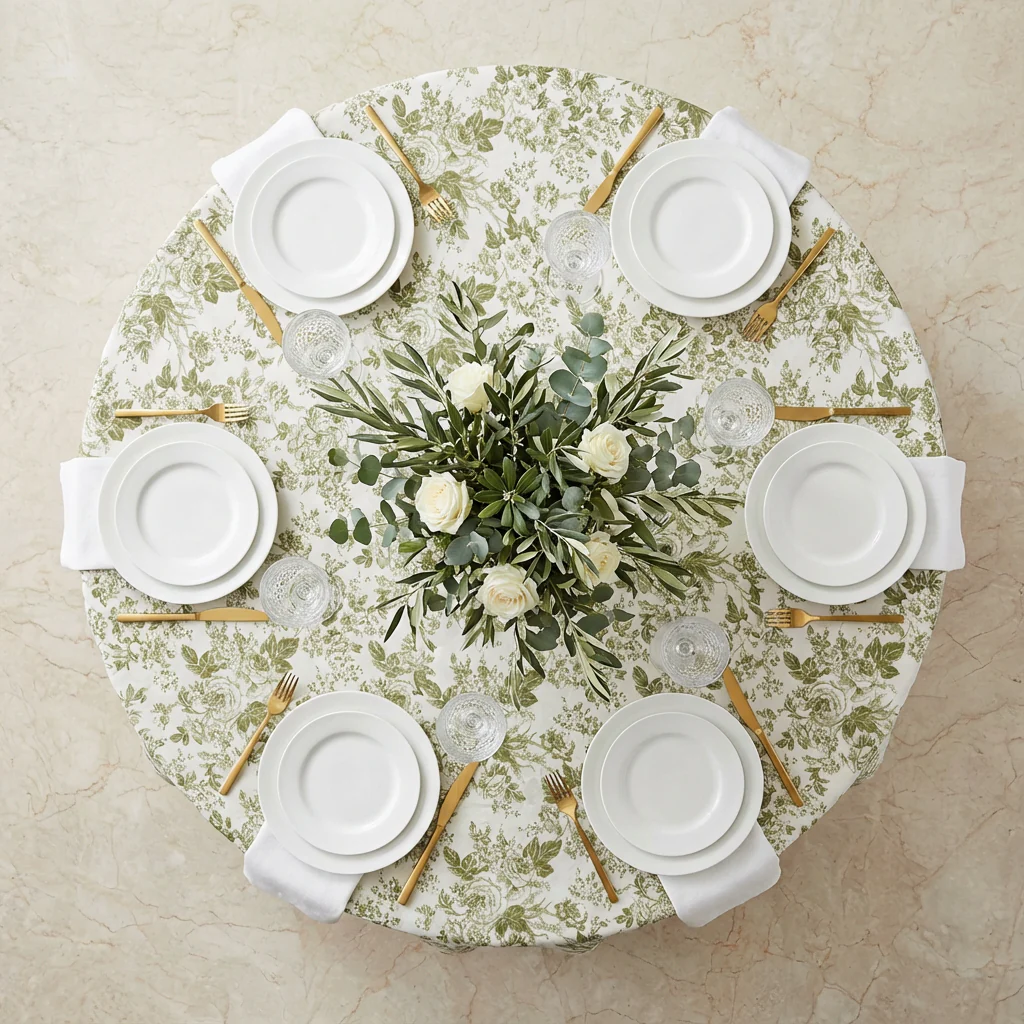 French Toile 120" Round Tablecloth - Olive Green - Image 3