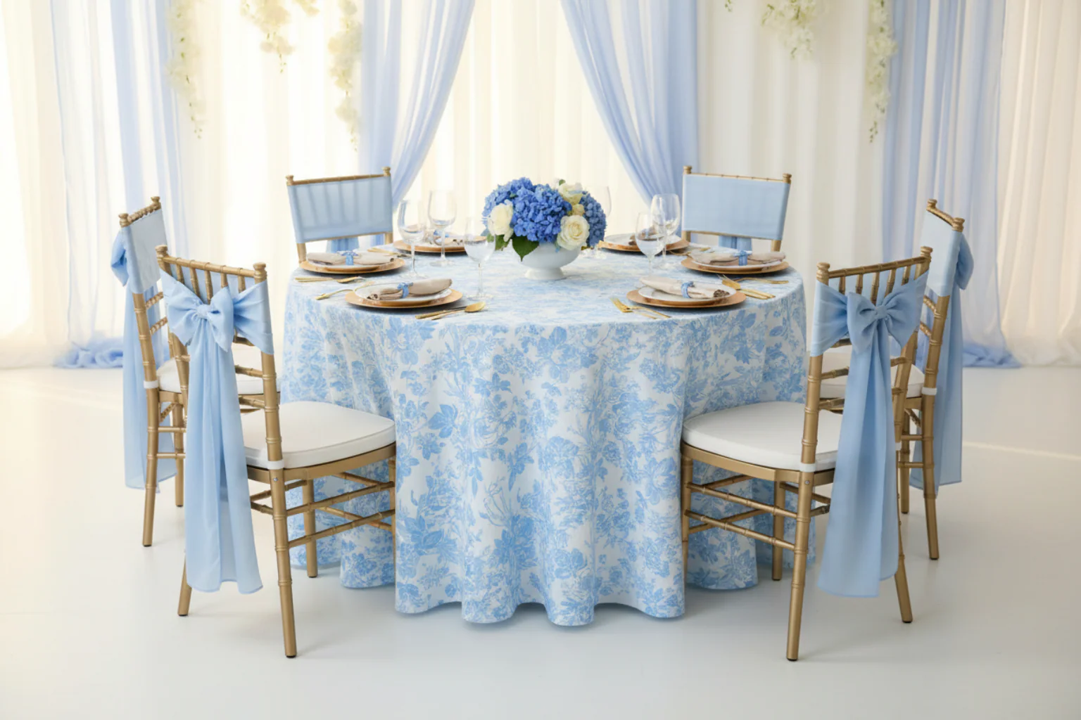 French Toile 132" Round Tablecloth - Baby Blue - Image 5
