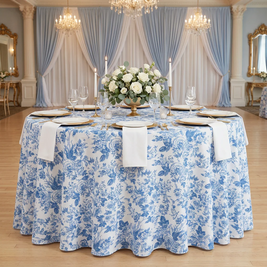 French Toile 132" Round Tablecloth - Blue - Image 2