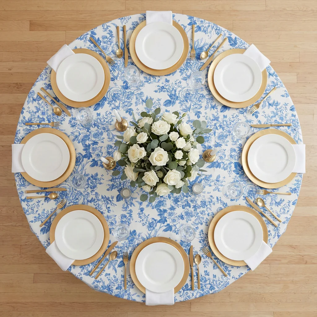 French Toile 132" Round Tablecloth - Blue - Image 3