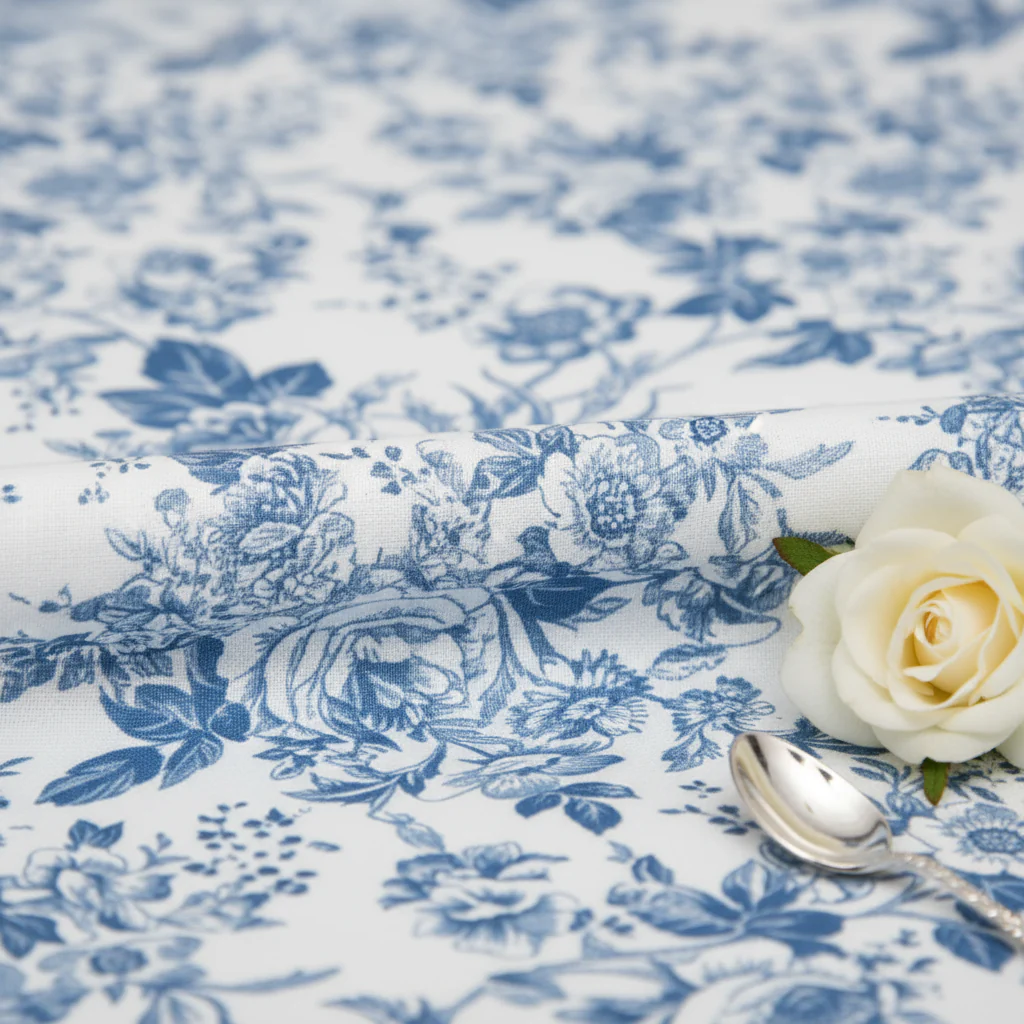 French Toile 132" Round Tablecloth - Blue - Image 4