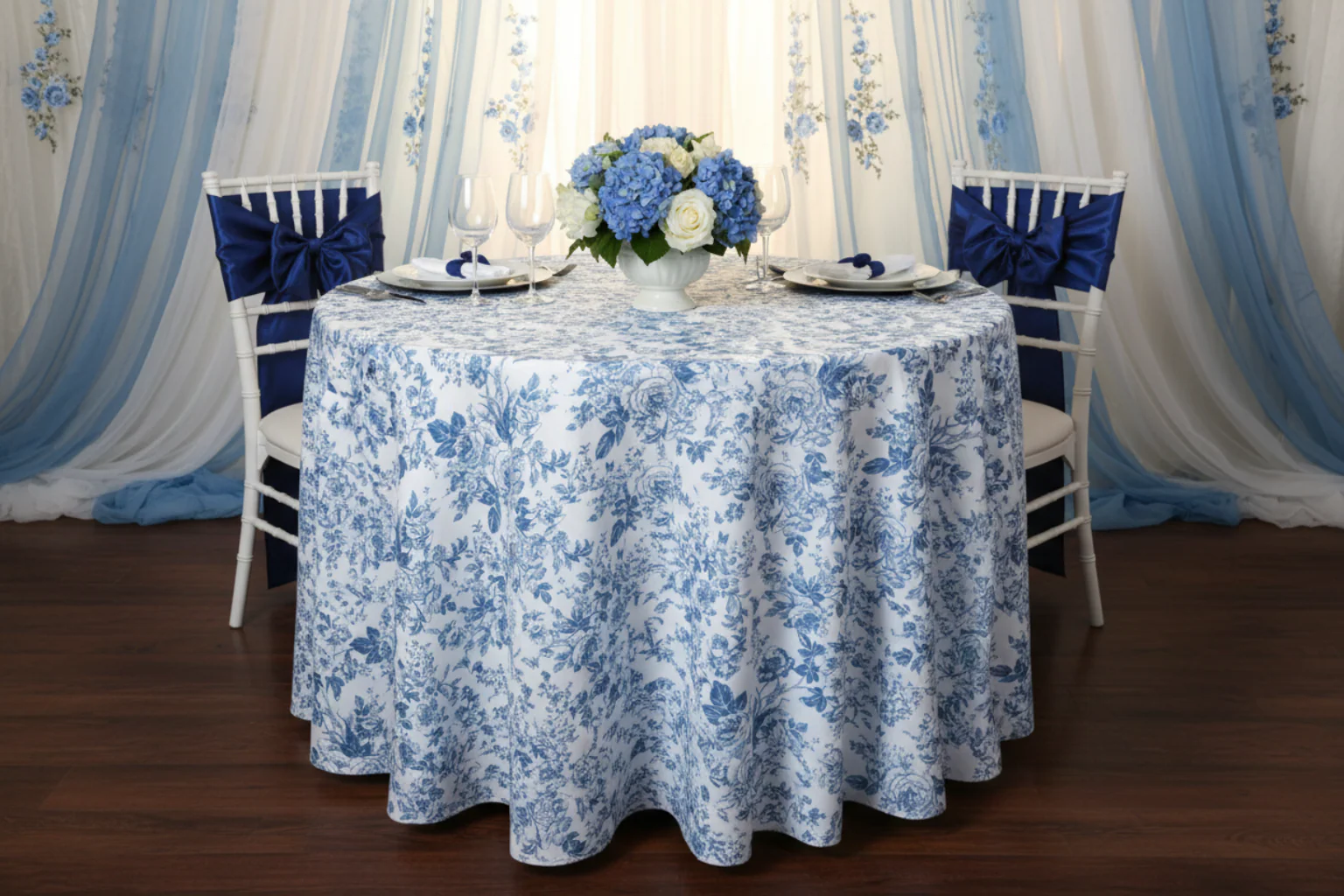 French Toile 132" Round Tablecloth - Blue - Image 5