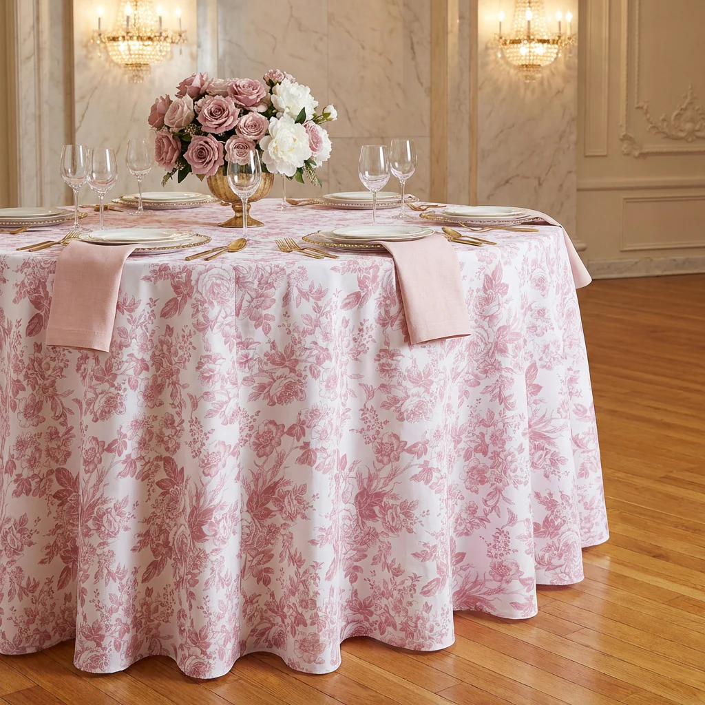 French Toile 132" Round Tablecloth - Dusty Rose/Mauve - Image 6