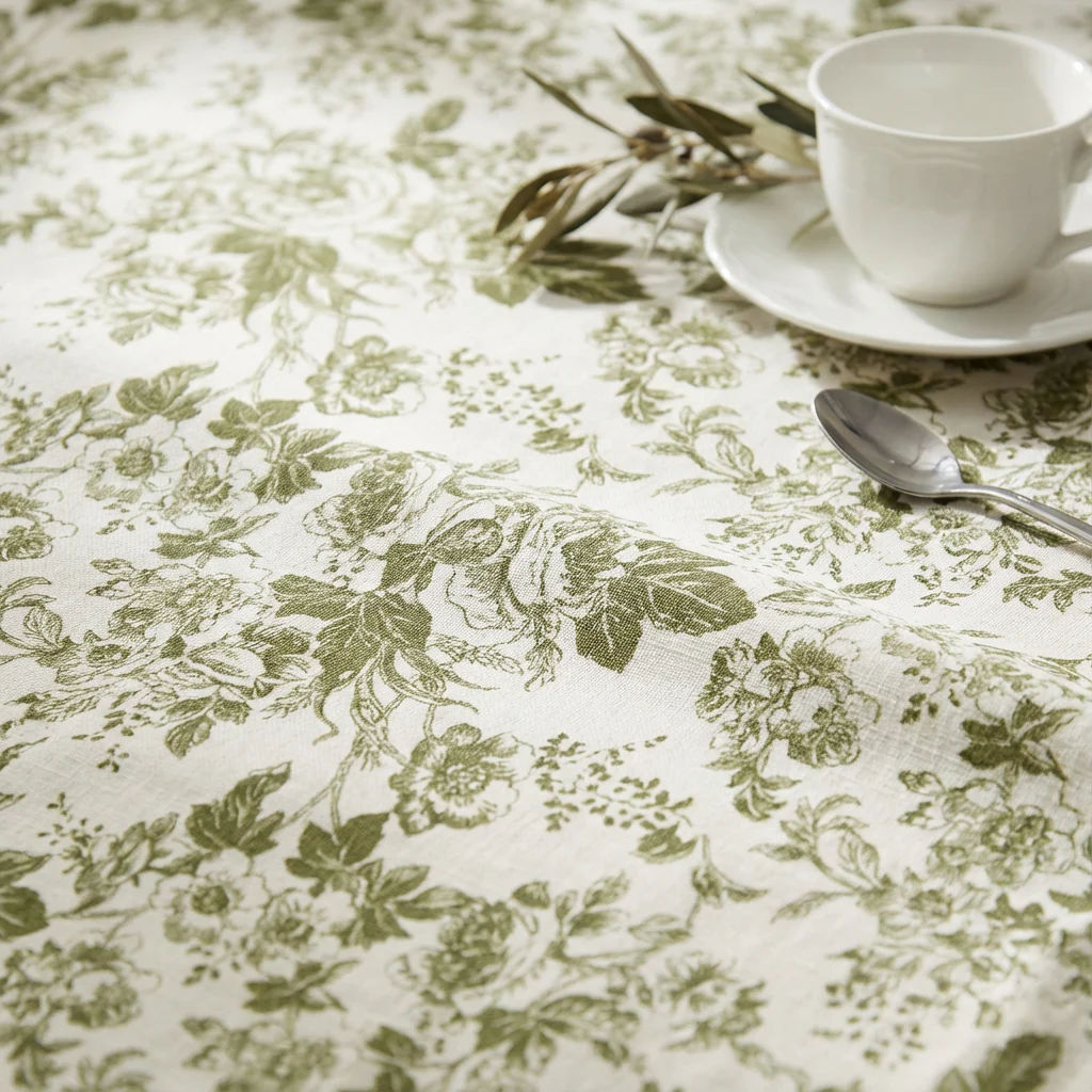 French Toile 132" Round Tablecloth - Olive Green - Image 4