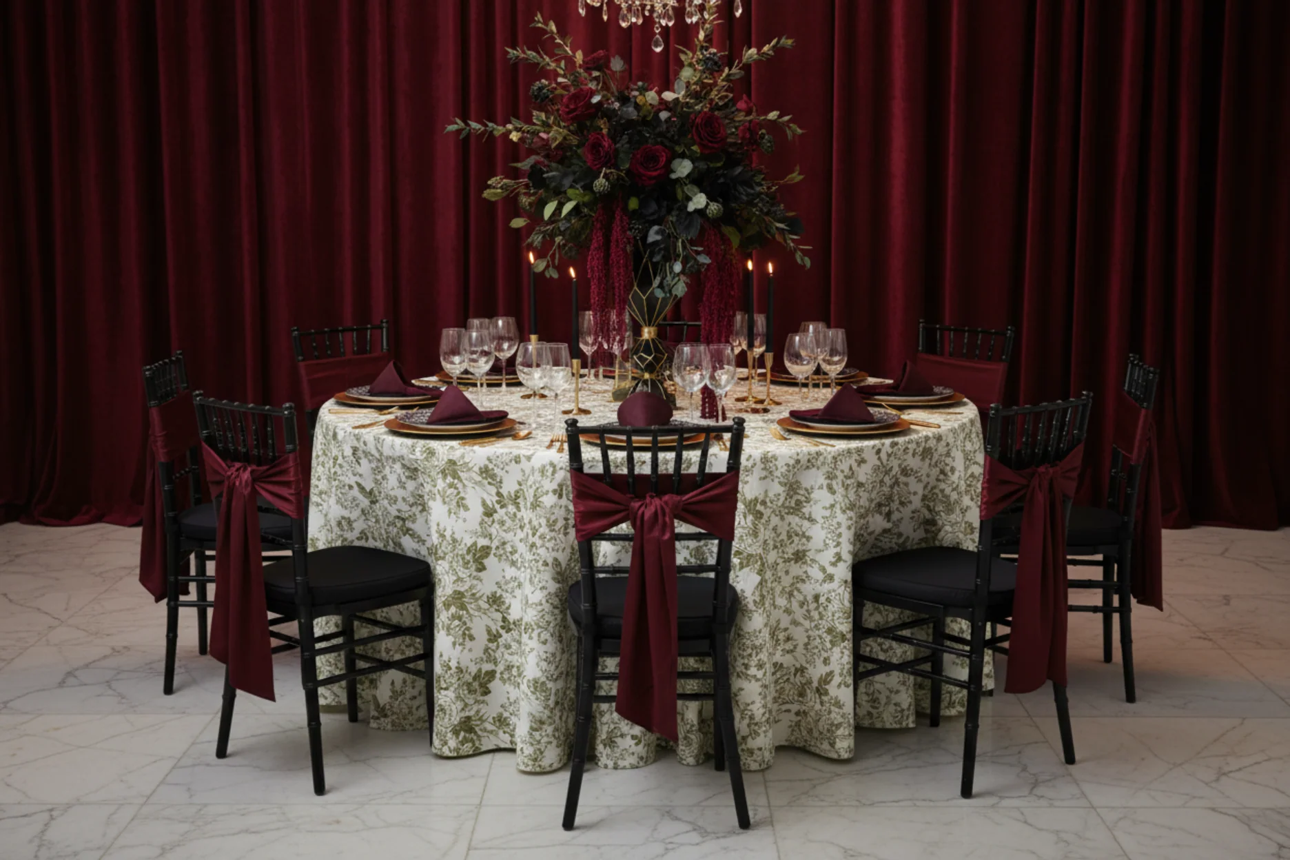 French Toile 132" Round Tablecloth - Olive Green - Image 5