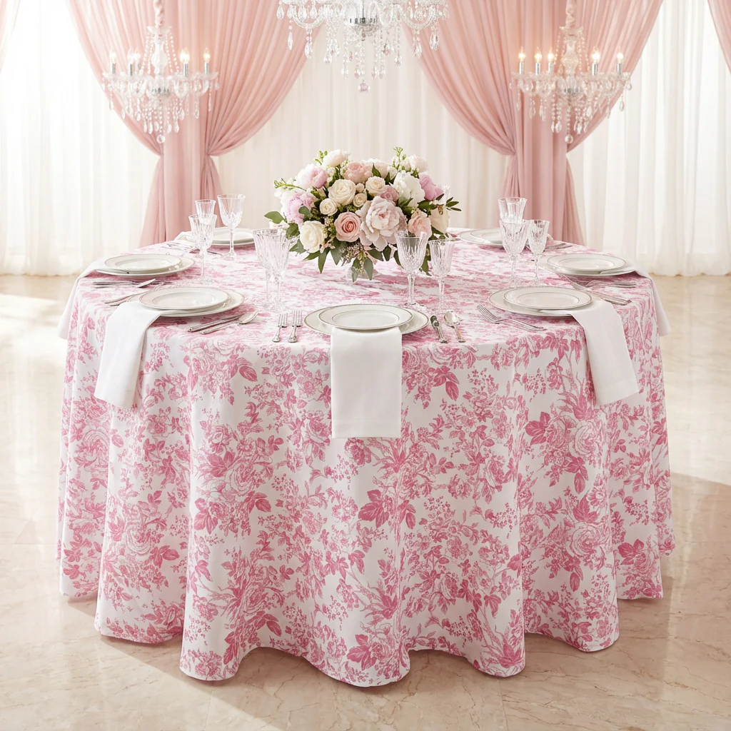French Toile 132" Round Tablecloth - Pink - Image 2