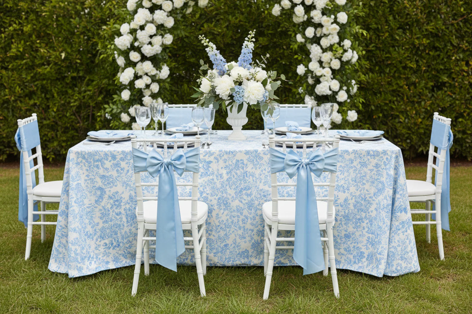 French Toile 90"x132" Rectangular Tablecloth - Baby Blue - Image 3