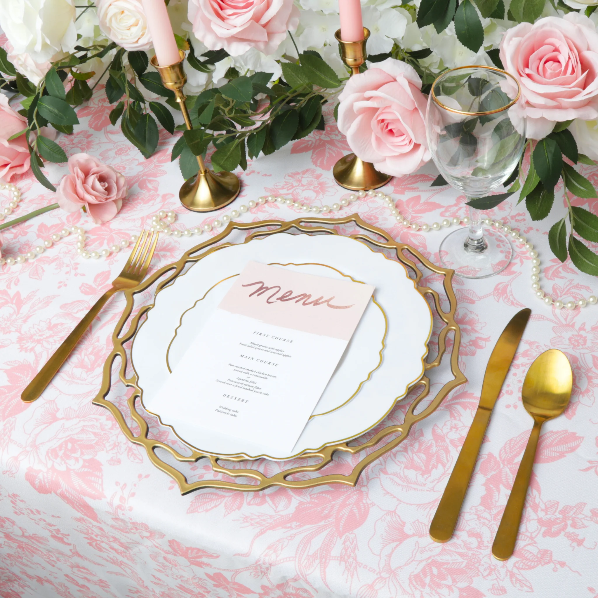 French Toile 90"x132" Rectangular Tablecloth - Coral - Image 3