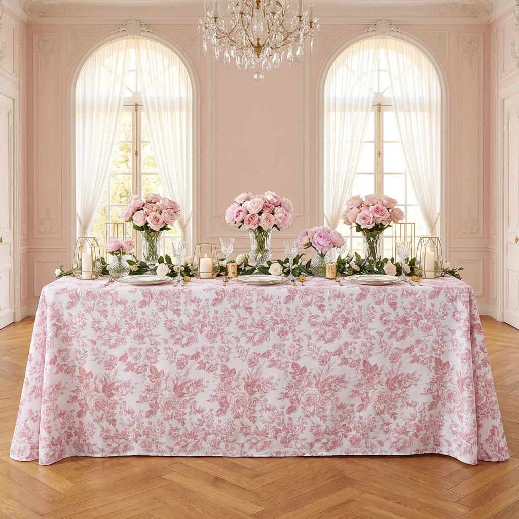 French Toile 90"x132" Rectangular Tablecloth - Dusty Rose/Mauve - Image 2